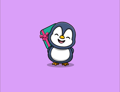 Cute Penguin Holding Birthday Gift birthday cartoon design flat gift illustration logo snow vector winter