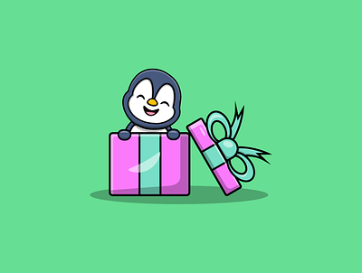 Cute Penguin In Gifts Box animal birthday box cartoon design flat gifts happy illustration penguin vector