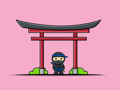 Japanese Torii Gate Landmark and Cute Ninja asian building cartoon character culture cute design flat illustration japanese landmark mascot vector