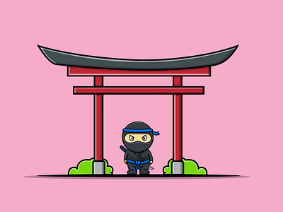 Japanese Torii Gate Landmark and Cute Ninja