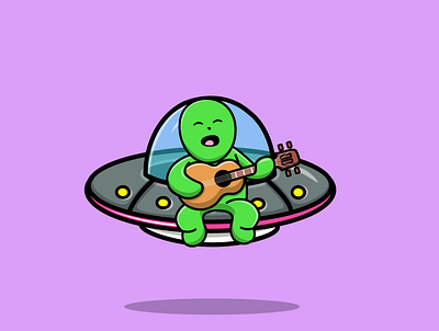 Cute Fat Alien Playing Guitar On Ufo Space Ship alien cartoon design flat graphic design guitar illustration mascot music space ufo vector
