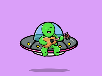 Cute Fat Alien Playing Guitar On Ufo Space Ship