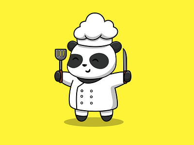 Cute Panda Chef Holding Spatula And Knife For Coocking