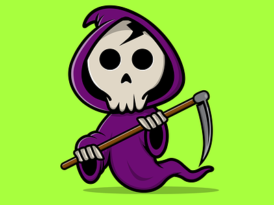 Cute Grim Reaper Holding Scythe graphic design scary horror dark hallowen mascot logo flat cartoon vector illustration design