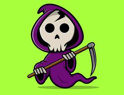 Cute Grim Reaper Holding Scythe cartoon dark design flat graphic design hallowen horror illustration logo mascot scary vector