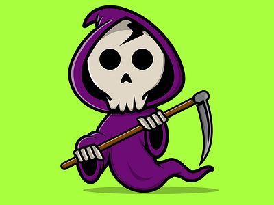 Cute Grim Reaper Holding Scythe cartoon dark design flat graphic design hallowen horror illustration logo mascot scary vector