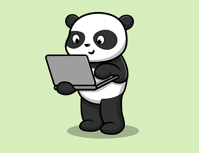 Cute Panda Working On Laptop animal cartoon character design flat illustration internet logo mammal mascot online panda pc vector