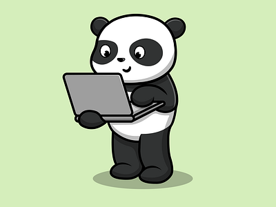 Cute Panda Working On Laptop animal cartoon character design flat illustration internet logo mammal mascot online panda pc vector