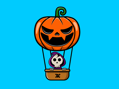 Cute Grim Reaper Flying With Pumpkin Air Ballon branding cartoon design flat flying grimreaper hallowen horror illustration logo mascot october sky vector