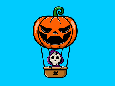 Cute Grim Reaper Flying With Pumpkin Air Ballon