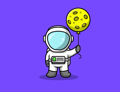 Cute Astronaut Holding Moon astronaut astronomy background balloon cartoon character cosmonaut cosmos design discover explore floating galaxy gravity illustration journey lunar planet universe vector