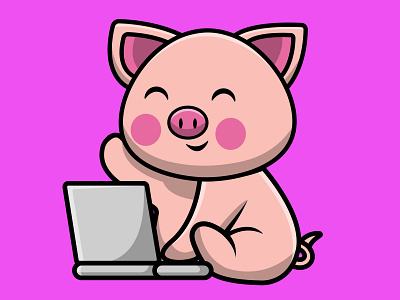 Cute Pig Working On Laptop animal business cartoon computer deadline design illustration laptop mascot pig pork technology vector working