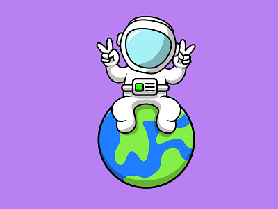 Cute Astronaut Sitting On Planet With Peace Hand spaceship