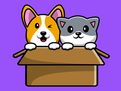 Cute Cat And Corgi Dog Playing In Box adorable