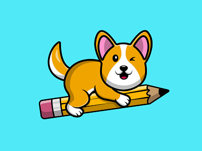 Cute Corgi Dog Flying With Pencil vector