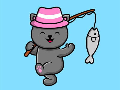 Cute Cat Fishing With Rods And Hat design