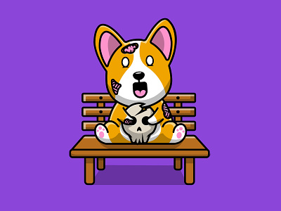 Cute Corgi Dog Zombie Holding Skull Bone