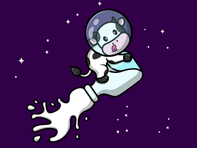 Cute Cow Flying With Milk Bottle On Space mammal