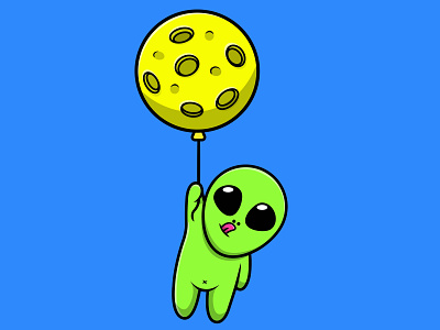 Cute Alien Floating With Moon Balloon character