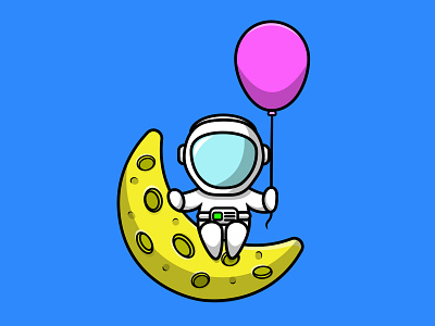 Cute Astronaut Sitting On Moon With Holding Balloon helmet