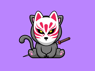 Cute Kitsune Cat With Katana Sitting logo