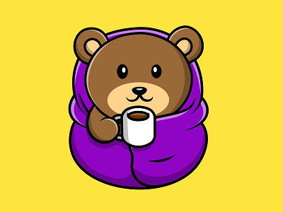 Cute Bear Wearing Blanket And Drink Hot Coffee Cup