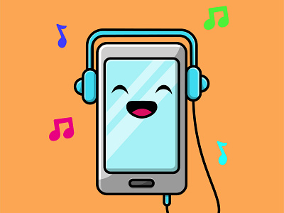 Cute Mobile Phone Listening Music With Headphone smile