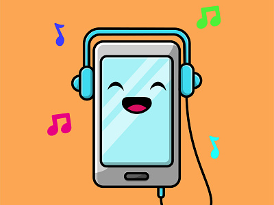 Cute Mobile Phone Listening Music With Headphone