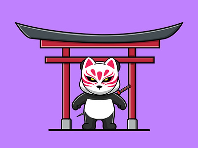 Cute Panda Warrior On Torii Gate