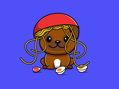 Cute Pug Dog With Noodle Beef And Egg mascot