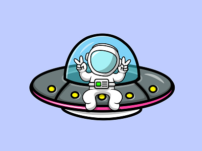 Cute Astronaut Sitting On Ufo Spaceship With Peace Hand background
