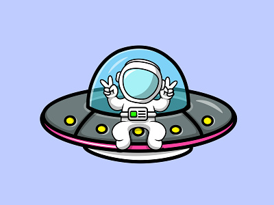 Cute Astronaut Sitting On Ufo Spaceship With Peace Hand