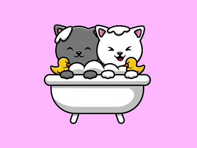 Cute Cat Couple Bathing In Bathub