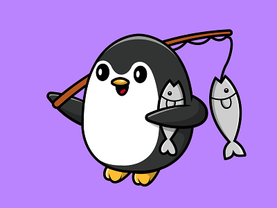 Cute Penguin Fishing With Rods funny