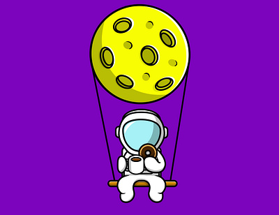 Cute Astronaut Swing On The Moon With Eat Doughnut And Drink Hot meal