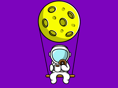 Cute Astronaut Swing On The Moon With Eat Doughnut And Drink Hot