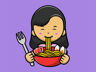 Cute Girl Eat Ramen With Fork