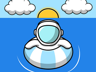 Cute Astronaut Floating With Swimming Tires On Sea