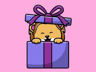Cute Lion On Gift Box funny