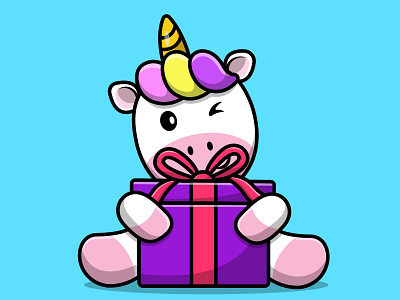 Cute Unicorn Holding Gift Box sweet