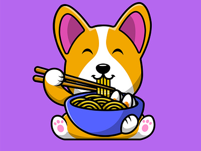 Cute Corgi Dog Eat Ramen Noodle