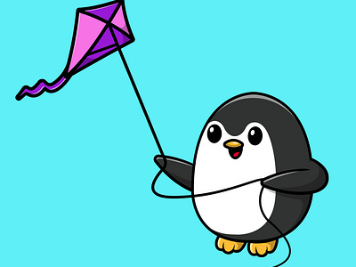 Cute Penguin Playing Kite