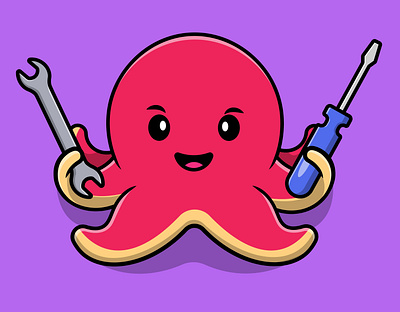 Cute Octopus Holding Wrench And Screwdriver swimming