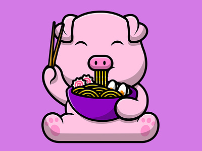 Cute Pig Eating Ramen Noodle asian