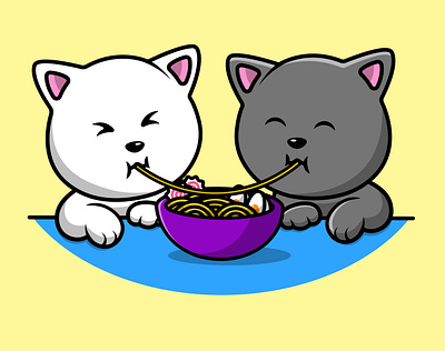 Cute Cat Couple Eating Ramen asia