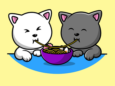 Cute Cat Couple Eating Ramen