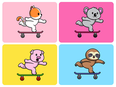 Animal Playing Skateboard active cartoon cat design extreme flat illustration koala logo mascot pig skateboard sloth sport vector