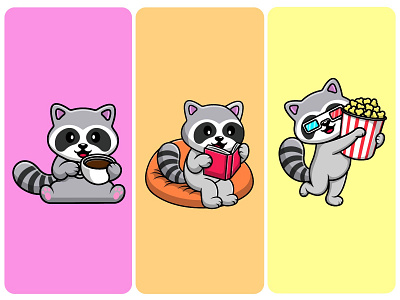 Cute Raccoon animal book cartoon coffee design flat fluffy furry illustration logo mascot pet popcorn raccoon vector