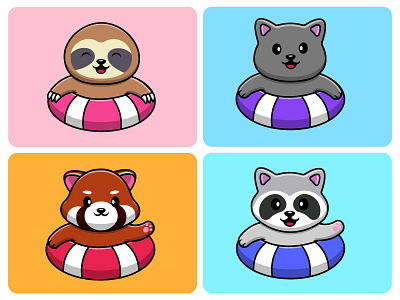 Cute Animal Swimming animal balloon cartoon cat design flat illustration logo mascot panda raccoon red sloth swimming vector