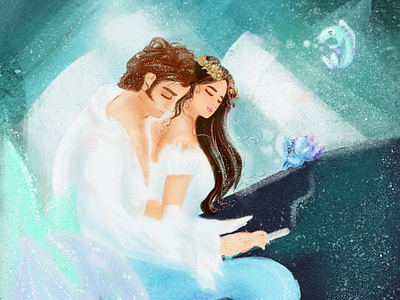 Darcy couple bennet book characterdesign childrens illustration classic couple darcy digitalart illustration love mermaid mermay novel ostin piano underwater